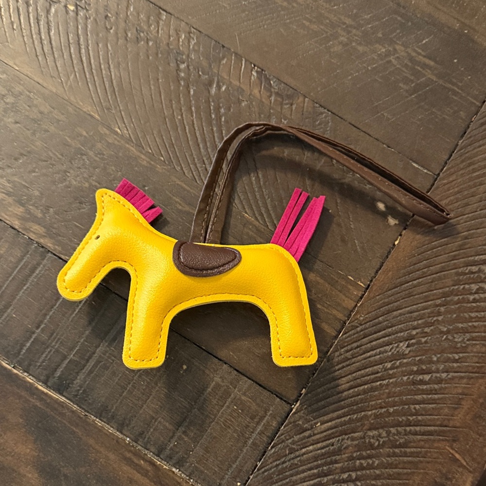 Leather yellow and pink horse bag charm